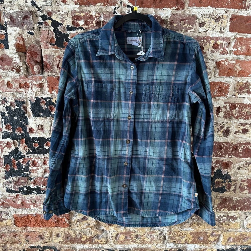 Carhartt Womens Medium Button Up Flannel Shirt Blue Plaid long sleeve